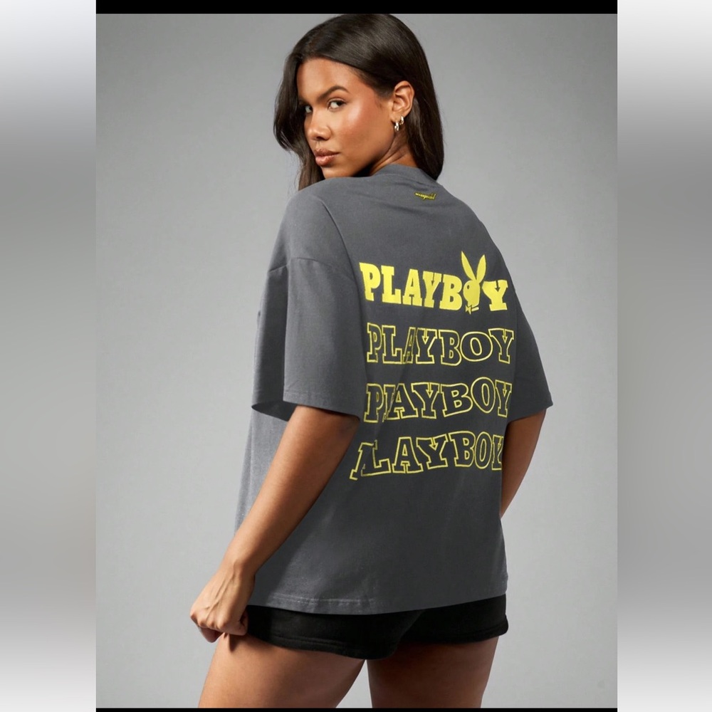 Playboy X Misguided Sz Small gray yellow oversized relaxed t-shirt gym sexy